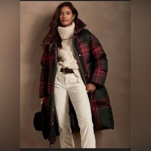 Banana Republic Plaid Water-Repellent Long Puffer Coat Petite XS